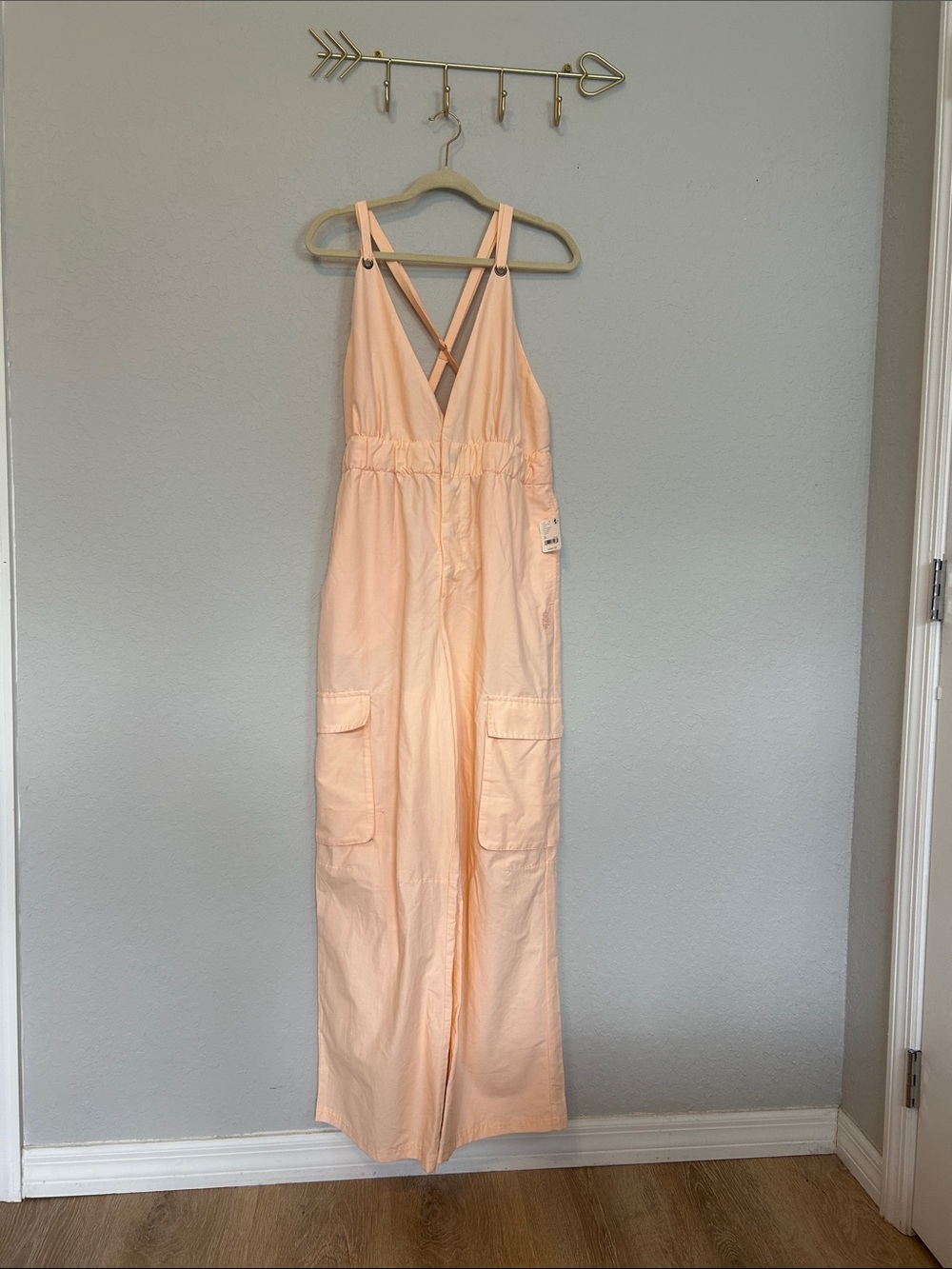 NWT FP Movement Timko Cargo Jumpsuit XL Pastel Peach Wide Leg Free People